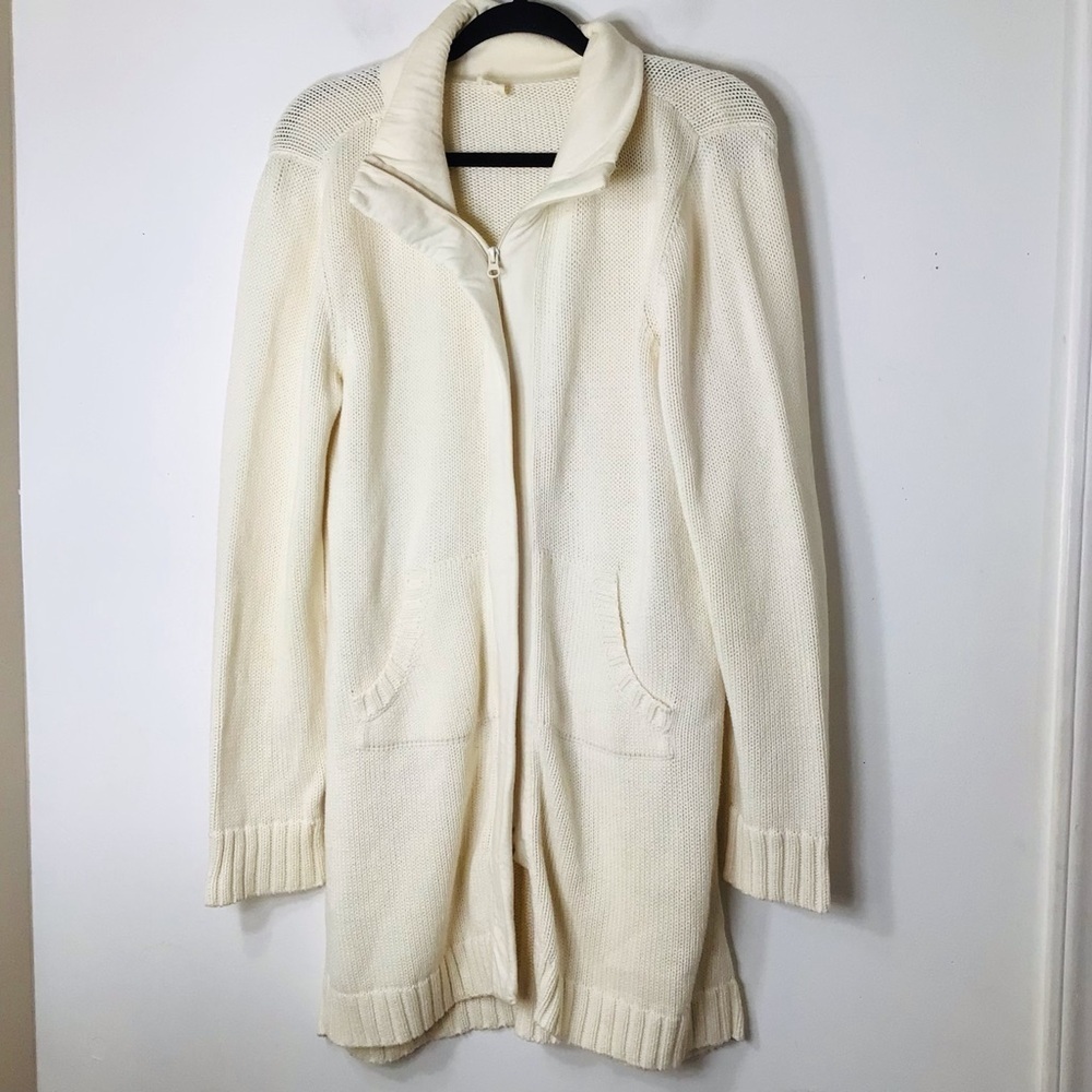 Eileen Fisher long zip up sweater women small ivory organic cotton classic